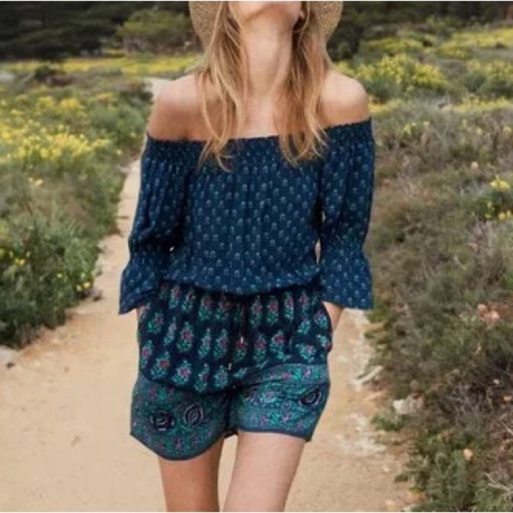 Anthropologie Ett:Twa Blue Kaleo Boho Floral Print Off The Shoulder Romper